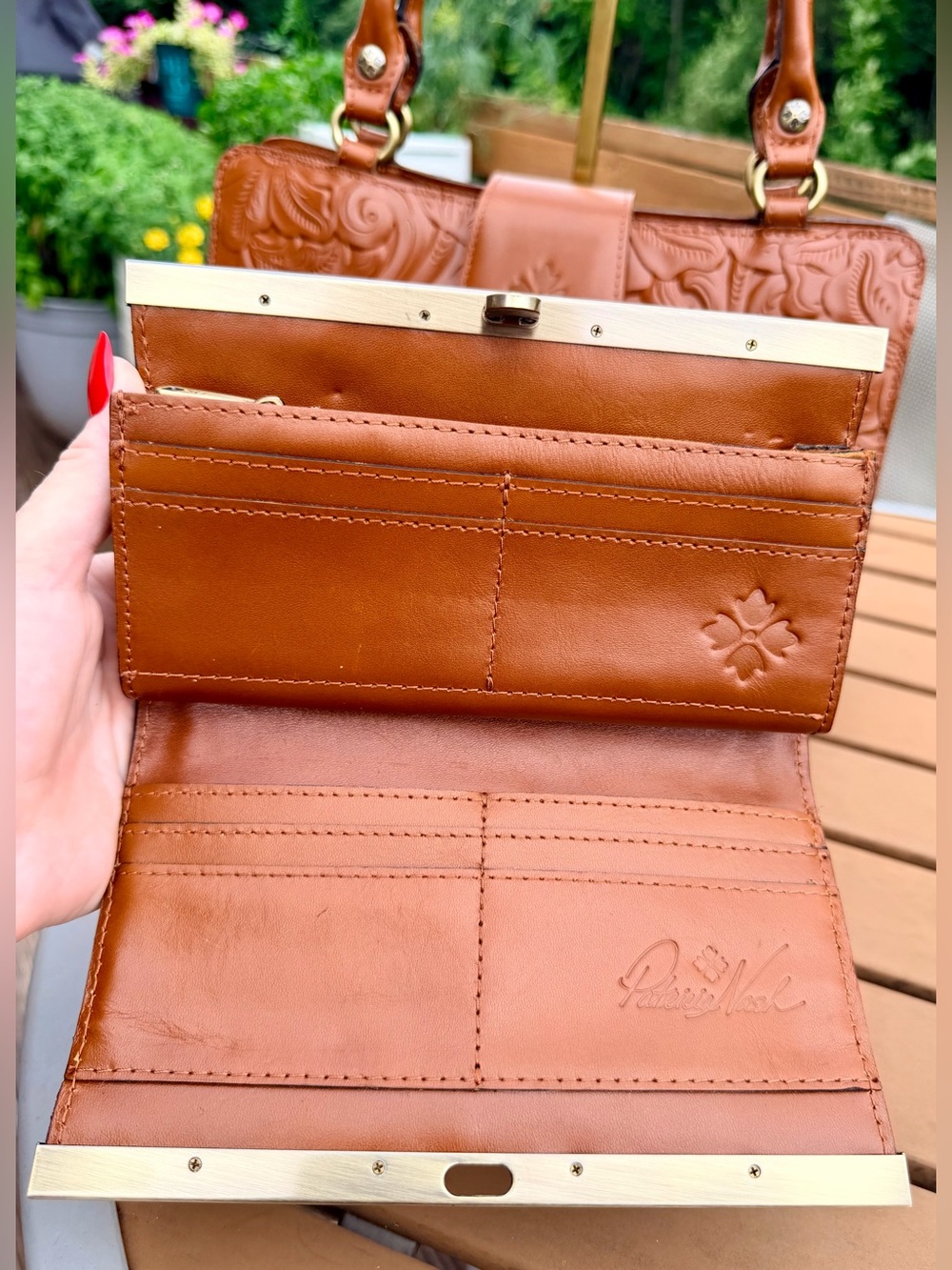 Patricia Nash Tooled Embossed Leather Satchel + Matching Wallet in Floral Cognac - Picture 15 of 16